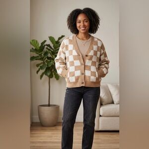 Listicle Tan and Cream Checkered Cardigan